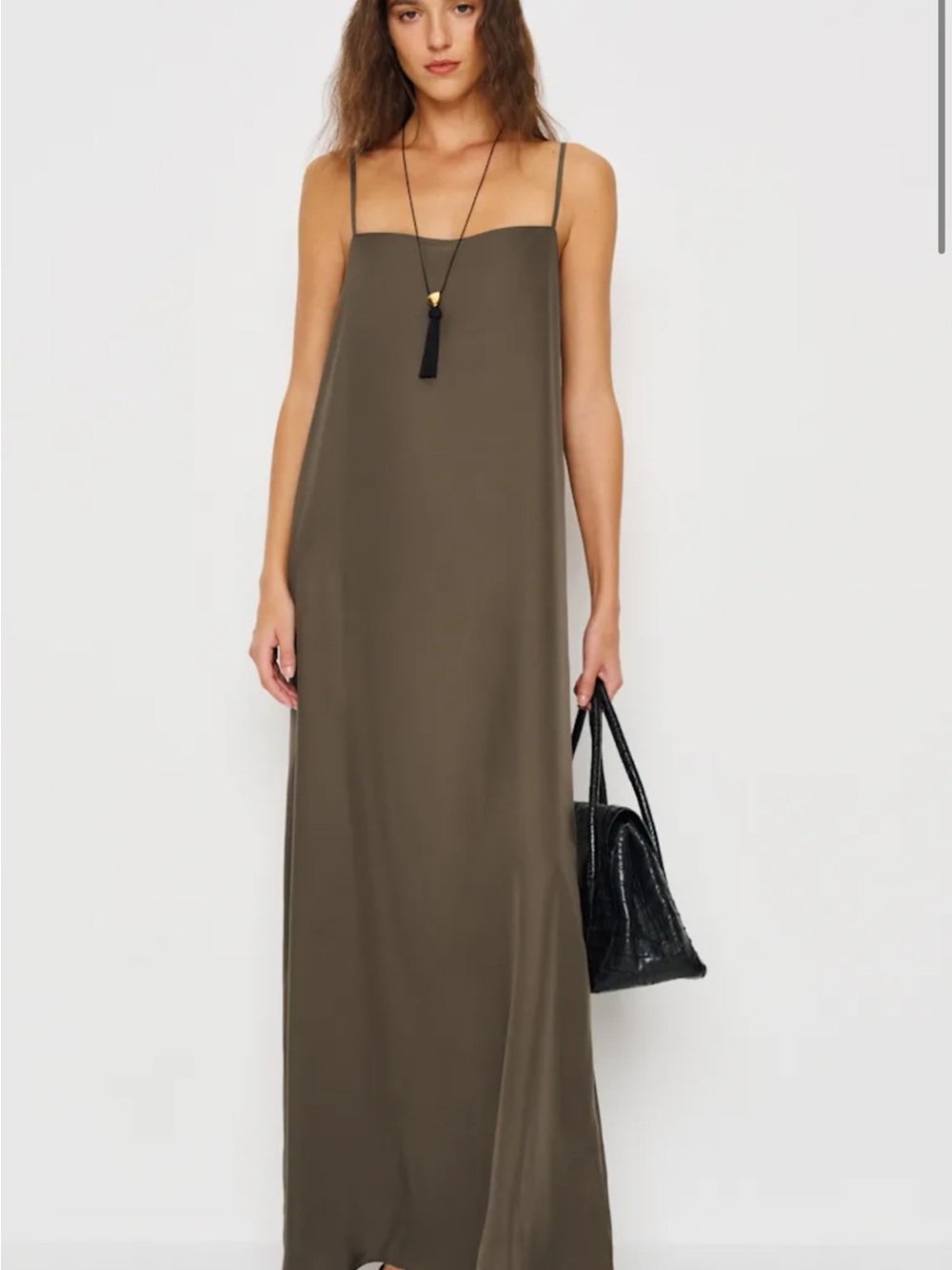 Reformation Olive Green Slip Maxi Dress with Thin Straps